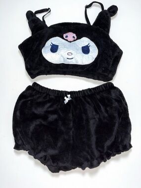 Black Plush Two-Piece Pajama Set with Character Face